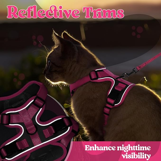 rabbitgoo Cat Harness and Leash Set, Escape Proof Soft Adjustable Vest Harnesses for Outdoor Walking, Easy Control Breathable Kitten Jacket with Reflective Strips, Black & Rose Pink, M