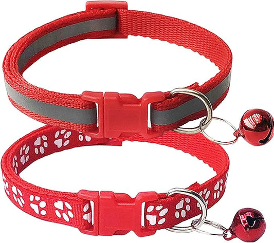 CHBORCHICEN 2-Pack Footprint & Reflective Cat Collar with Bell Basic Dog Cat Collar Buckle Adjustable Polyester Cat Dog Collar or Seatbelts (Small, Red)