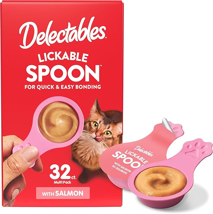Delectables Lickable Spoon Handheld Wet Cat Treats Made with Real Salmon, Quick & Easy Creamy Puree, Mess Free, Grain-Free, No Added Fillers, No by-Products, No Added Preservatives, Salmon 32ct