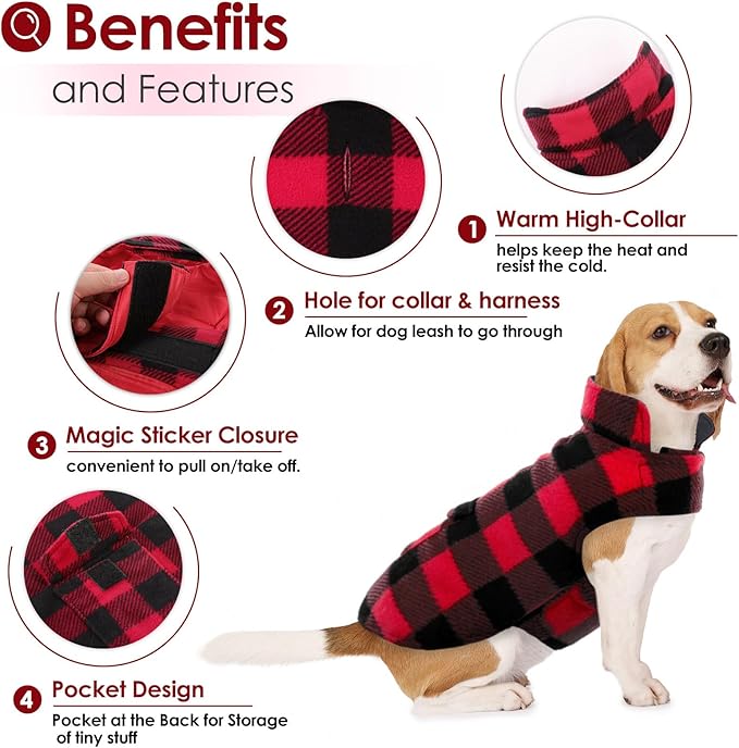 AOFITEE Reversible Dog Coat, Warm Winter Jacket, Thick Padded Vest with Leash Hole, Cotton Material, Plaid Print, Small (23'' Chest)