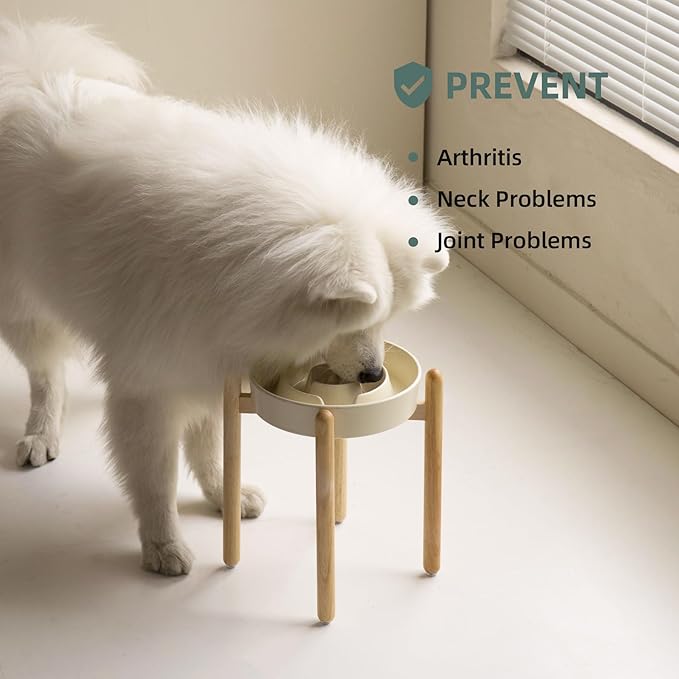 Ceramic 3.2 Cup Raised Slow Feeder Dog Bowl Set, Elevated Bowl with Wooden Stand for Large Dog, 9.5inch Puzzle Slow Pet Food Dish, Anti-Gulping(Beige, Single Bowl+ Stand)