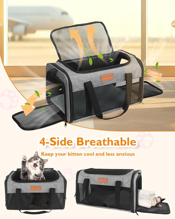 PETUX TSA Approved Pet Carrier in Cabin - 17"x11"x9.5", Underseat, Soft Sided Cat Carriers with Safety Zippers and Anti-Scratch Mesh for Small Cat up to 12 lb, Ideal for Travel and Vet Visit, Grey