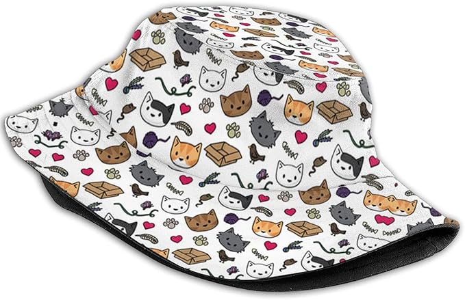 Funny Cute Cats Bucket Hats for Women Men Cartoon Pattern Fisherman Hat Packable Sun Hats