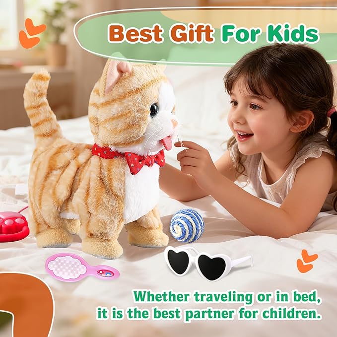 Yellow Pattern Leash Walking Cat Set Interactive Talking Toy Singing Dancing Kitten Mimicking Repeat What You Say Kitty Touch and Voice Control Nodding Wagging Tail Plush Electric Robot for Kid Girl