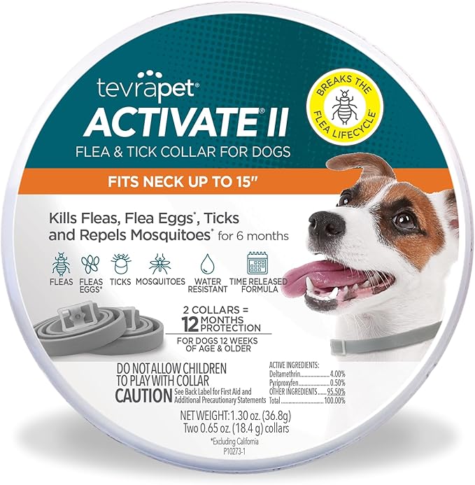 TevraPet Activate II Flea and Tick Collar for Small Dogs, 12 Months Prevention, 2 Count, Fits Up 15" Size Neck