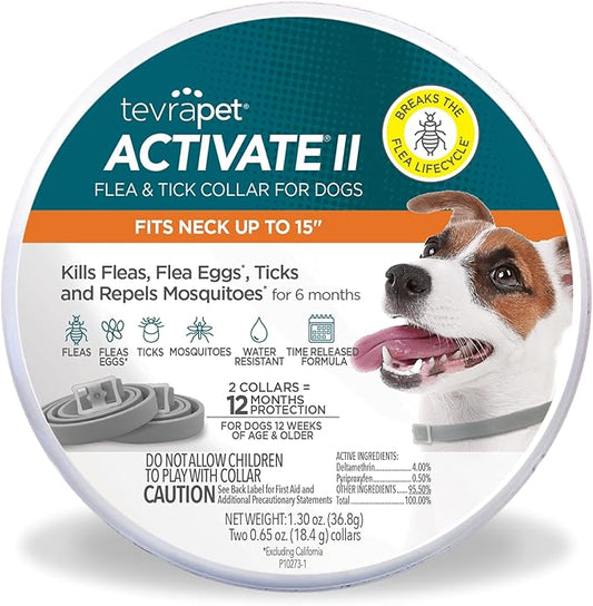TevraPet Activate II Flea and Tick Collar for Small Dogs, 12 Months Prevention, 2 Count, Fits Up 15" Size Neck