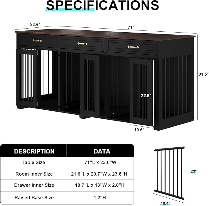 Dog Crate Furniture - Indoor Wooden Dog Kennel Furniture with 2 Dividers, 3 Drawers, and 3 Lockable Doors - 72"x23.6"x31.5"H, Black