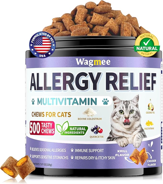 Cat Allergy Relief Chews – 500 Crunchy & Creamy Treats for All Breeds – Cat Itchy Skin & Seasonal Allergy Relief with Multivitamin and Omega-3 for Skin Health, Chicken & Krill Flavor