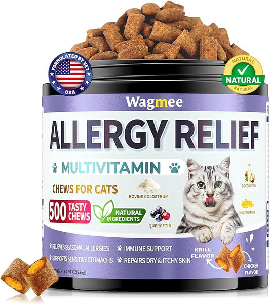 Cat Allergy Relief Chews – 500 Crunchy & Creamy Treats for All Breeds – Cat Itchy Skin & Seasonal Allergy Relief with Multivitamin and Omega-3 for Skin Health, Chicken & Krill Flavor