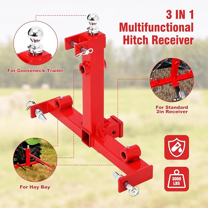 3 Point Gooseneck Trailer Hitch with 2 inch Receivers for Cat1, 3000lbs Capacity 3 Point Quick Hitch Attachment with Trailer Gooseneck Trailer Ball Drawbar Fits Category 1 Tractors
