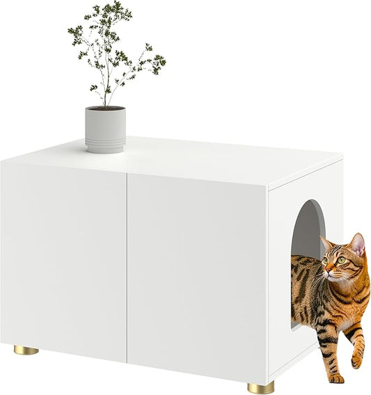Small Litter Box Enclosure, Sleek Modern Cat Litter Box Cabinet Furniture, Wooden Cat House, End Table (White)