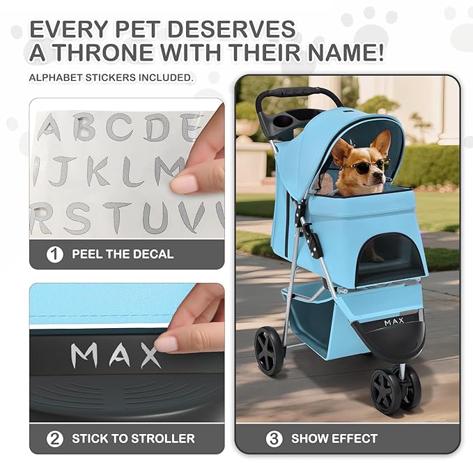 MoNiBloom 3 Wheels Pet Dog Cat Stroller for Small Medium Dogs Cats, Lightweight Foldable Jogger Stroller w/Storage Basket and Cup Holder, Mint Green