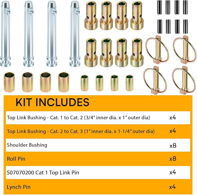 4 Pack TK95029 Cat 1 Quick Hitch Adapter Bushing Kit with S07070200 Top Link Pin and S14114400 Lynch Pin with Ring Fit for Category 1 3-Point Quick Hitches and Tractors