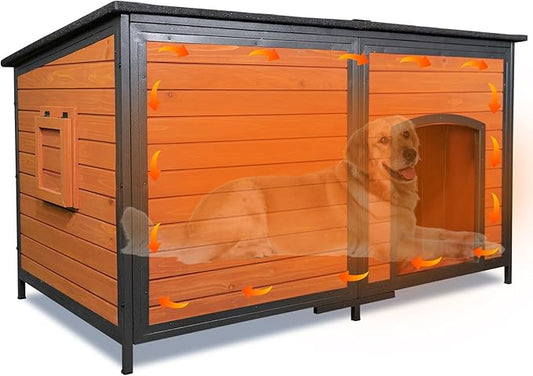 Extra Large Dog House Outdoor Weatherproof Dog Shelter Large Wooden Insulated Houses with Upgrade Anti-Chewing Iron Frame