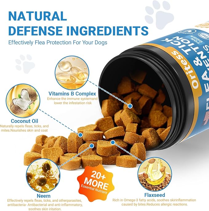 Flea and Tick Prevention for Dogs, 200 Soft Chews Natural Dog Flea and Tick Chewables Oral Flea Supplement for Dogs, Puppy Flea Support - All Breeds & Ages - Chicken Flavor