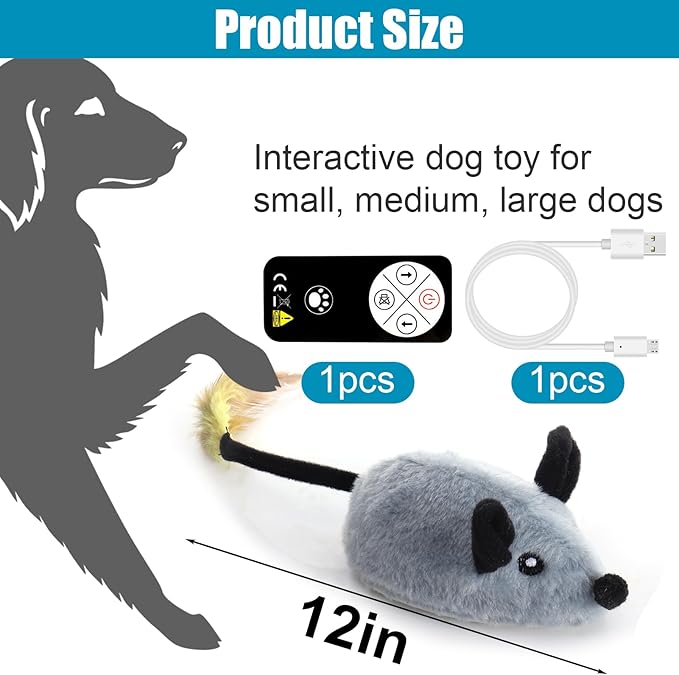 Mity rain Interactive Dog Toys,Fake Remote Control Dog Toy with Automatic Sensor, Dog Mouse Toy with Realistic Sound & Extended Tail, Automatic Dog Toy for Cats Dogs Pet, Squeaky Dog Toys Gray