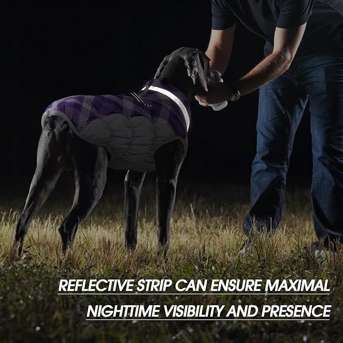 FUAMEY Dog Coat for Large Dogs,Waterproof Dog Winter Jacket with Harness Built in Puppy Cold Weather Coats Reflective Pet Vest with Zipper Warm Fleece Dogs Snowsuit Windproof Purple Plaid 3XL