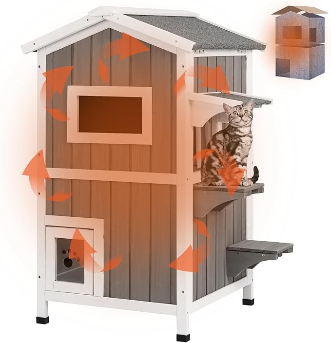 PetsCosset Insulated Cat House Outdoor Weatherproof All-Round Insulation Two Story Outside Wooden Feral Cat Shelter for Winter with 2 Escape Doors, Pull Out Floor and Openable Roof for Cats, Grey