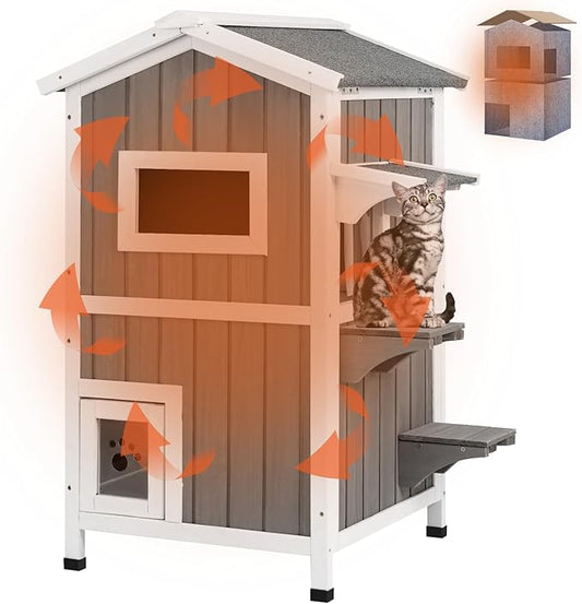 PetsCosset Insulated Cat House Outdoor Weatherproof All-Round Insulation Two Story Outside Wooden Feral Cat Shelter for Winter with 2 Escape Doors, Pull Out Floor and Openable Roof for Cats, Grey