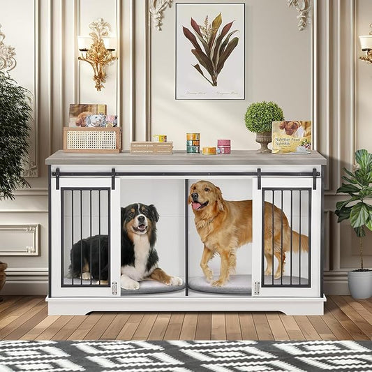 60.6 Inch Double Dog Crate with Divider, 2-in-1 Heavy Duty Dog Crate TV Stand with 2 Sliding Doors and Thick Iron, Indoor Dog House for 2 Dogs (White)