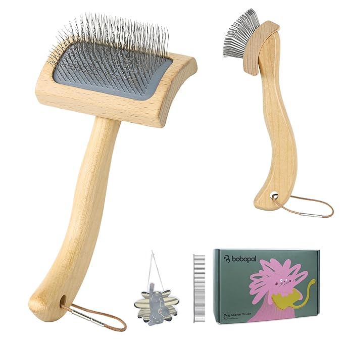 Dog Slicker Brush for Shedding,Dog Brush for Long Haired Dogs & Remove Tangles & Mats,Ergonomic Handle Grooming Like Professional,Beech Wood,S