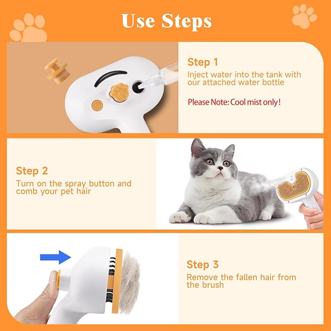 Pet Steam Brush for Dog & Cat–3-in-1 Spray Hair Removal Comb–Steam Brush for Shedding & Grooming–Water Brushes for Long & Short Haired Pets–Spritz Defur Comb–Includes Waterless Shampoo & Eye Wipes
