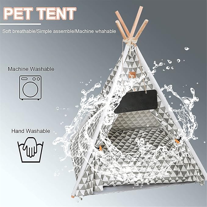 Pet Teepee, Portable Pet Tents for Small Dogs or Cats, Puppy Sweet Bed Washable Dog or Cat Houses with Cushion(Grey2,24in)