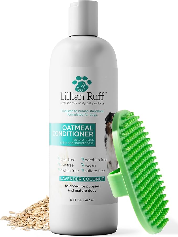 Lillian Ruff PRO Formula Oatmeal Dog Conditioner - Nourishing & Calming Relief for Allergies & Sensitive Skin - Detangles, Softens & Adds Shine with Oatmeal, Coconut Oil & Lavender - USA (16oz+Brush)