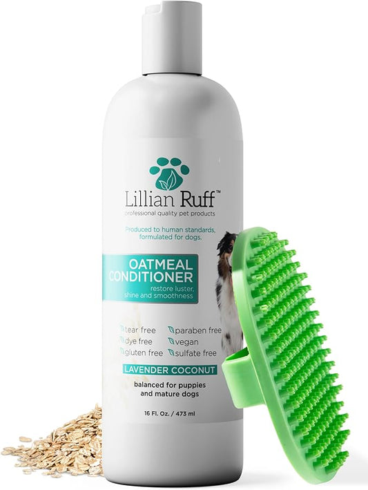Lillian Ruff PRO Formula Oatmeal Dog Conditioner - Nourishing & Calming Relief for Allergies & Sensitive Skin - Detangles, Softens & Adds Shine with Oatmeal, Coconut Oil & Lavender - USA (16oz+Brush)