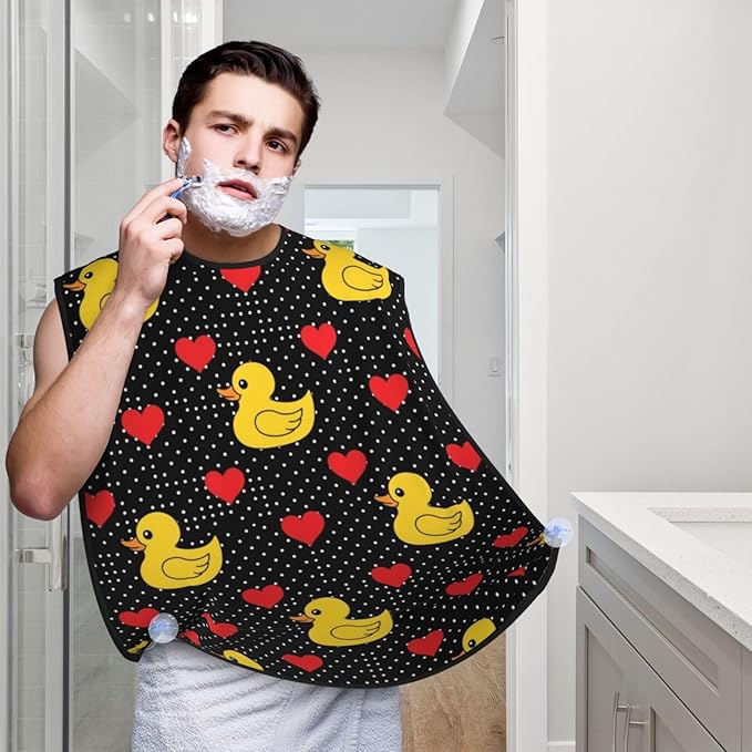 No-Slip Shaving Bib, Beard Grooming Apron with Strong Suction Cups, Black Red Love Hearts Polka Dots Yellow Rubber Ducks