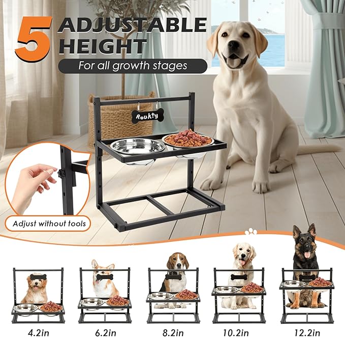 Elevated Dog Bowls with Slow Feeder Dog Bowls, 5 Height Adjustable Raised Bowl Stand with 2 Stainless Steel Food & Water Container, Pet Bowl Elevated for Medium Large Pet