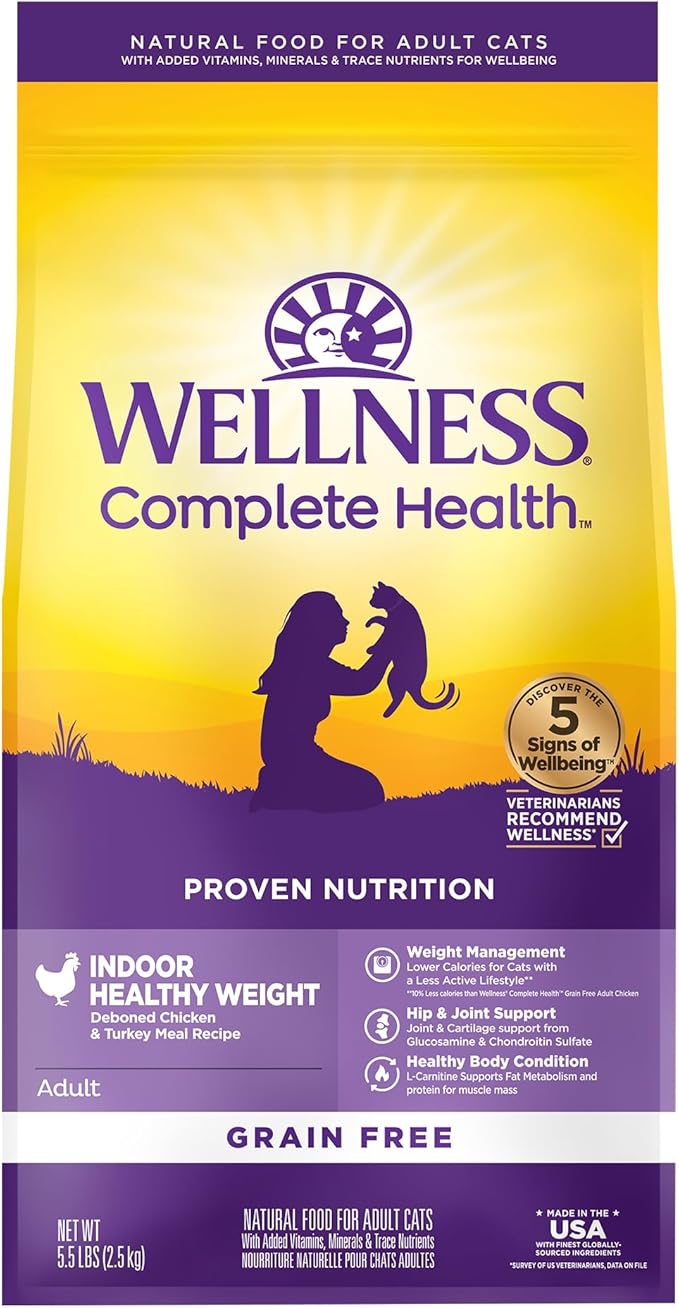 Wellness Complete Health Adult Dry Cat Food for Indoor Cats, Grain Free, Natural, Healthy Weight Chicken & Turkey Meal (5.5 Pound Bag)