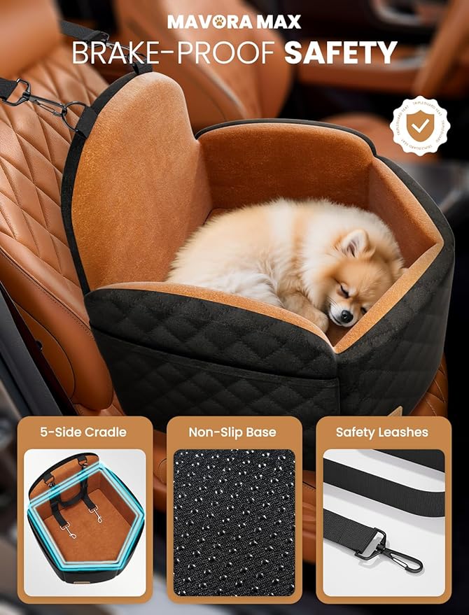 Dog Car Seat for Small/Medium Dogs, Elevated Dog Booster Seat Memory Foam Puppy Car Seat with Washable Cover, Travel Safety Pet Seat Bed for Car with Storage Pockets Up to 35 lbs (Black/Brown)