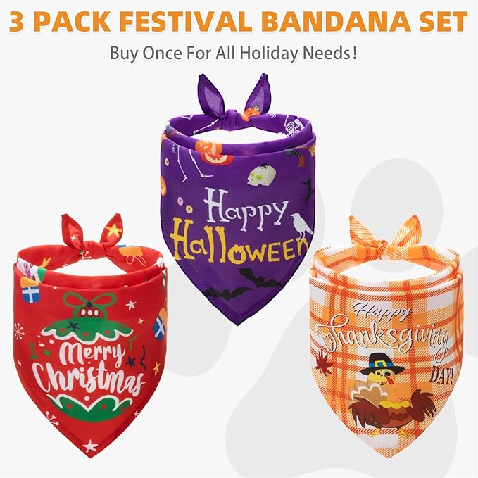 KOOLTAIL Halloween Dog Bandanas, 3 Pack Fall Holiday Thankgiving Christmas Washable Pet Bandanas Scarf Bibs Kerchief, Dog Apparel & Accessories for Girl Boy Small Medium Large Dogs Puppy Cats