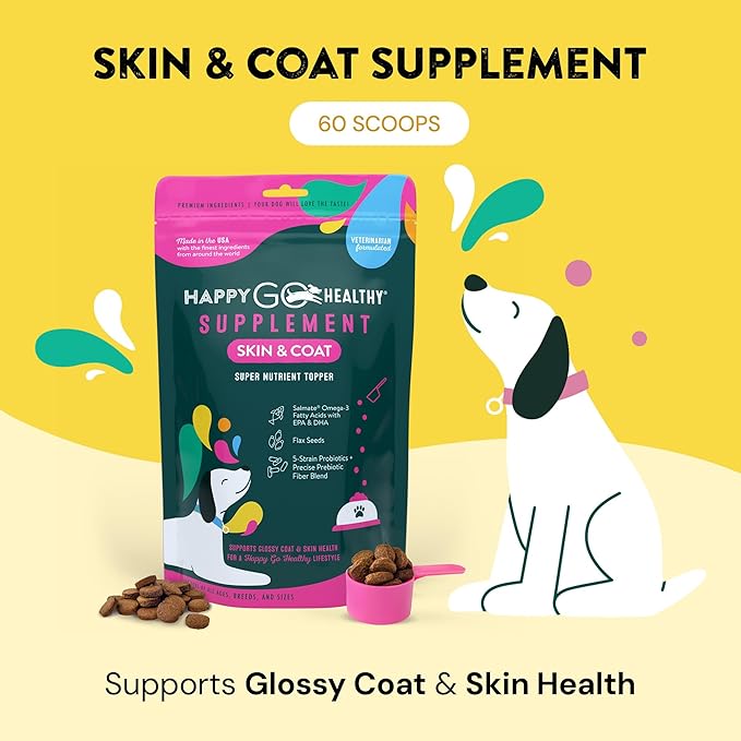 Skin & Coat Supplements for Dogs | Dog Itching Skin Relief & Promotes Shiny Skin Coat for Dogs | Rich in Omega 3 All-Natural Ingredients Tasty Kibble Dog Food Topper | 60 Count Pack