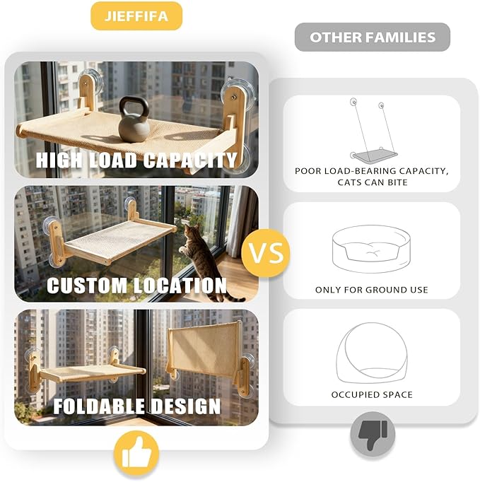 Cat Window Perch with Strong Suction Cups, Cat Window Hammock Foldable Bed with Breathable Mesh, All-Season Lounger for Medium Small Cats to Bird Watch & Sunbathe (Burlywood, L)