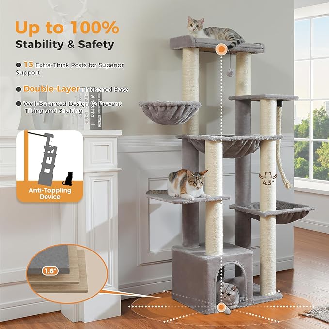 Heavy Duty Cat Tree for Maine Coon – 67" Tall Cat Tower with 7 Thick (φ4.3) Scratching Posts, XXL Cat Condo with Super Large Perch & Cozy Hammocks, Engineered for Big Cats (20+ lbs) - Gray