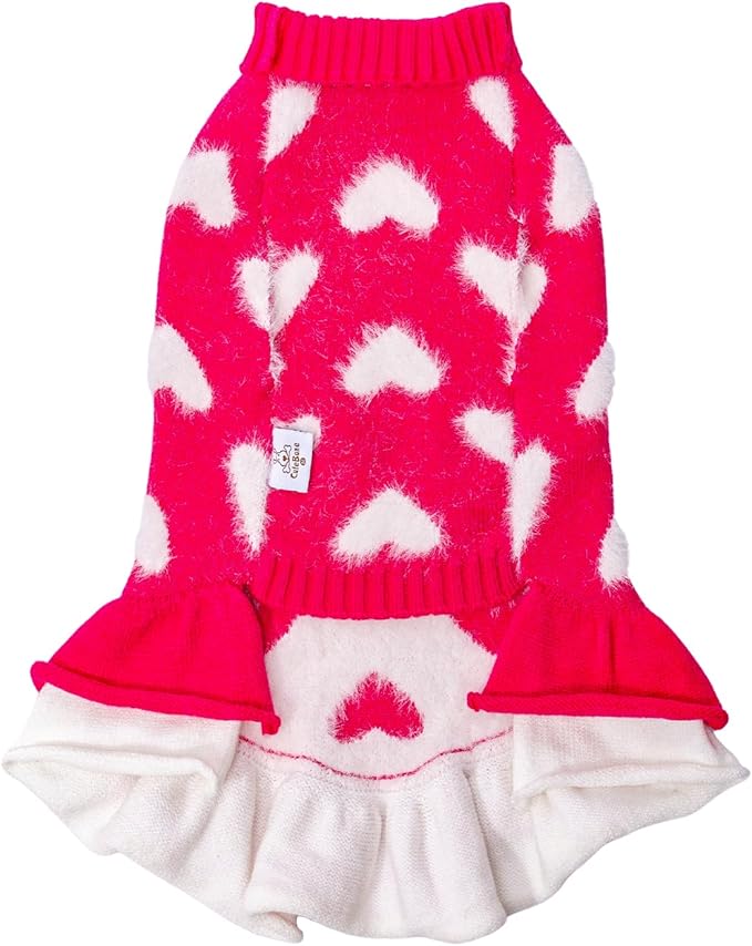 CuteBone Fancy Pink Dog Sweater Dress, Soft and Stretchy Dog Clothes for Medium Large Dogs Girl, Pink Heart Puppy Sweater Pullover Ruffle Dress Pet Outfit Cat Apparel