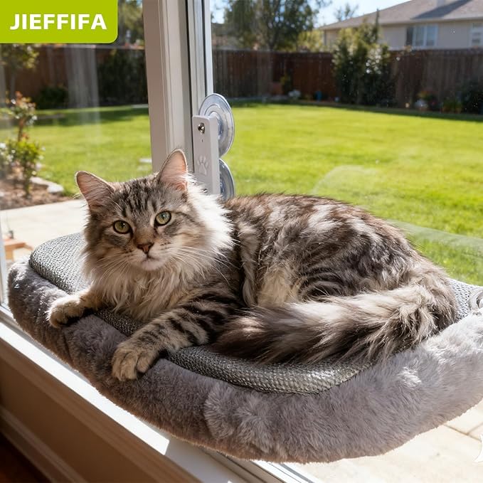 Cat Window Perch with Strong Suction Cups, Cat Window Hammock Foldable Bed with Breathable Mesh, All-Season Lounger for Medium Small Cats to Bird Watch & Sunbathe (Grey, L)
