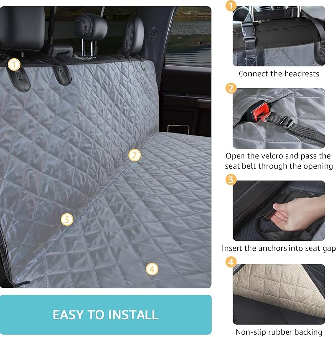 Truck Dog Seat Cover Back Seat | 100% Waterproof & Seat Belt | Pet Hammock for Car Rear Seat Protector with Mesh Window Fits Pickup Ford F-Series/Chevrolet Silverado/Ram/GMC Sierra etc(Gray)