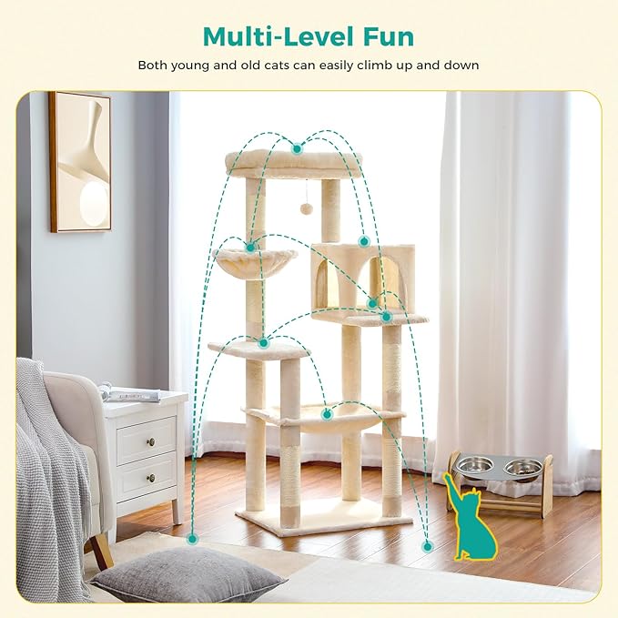 PAWZ Road Cat Tree, 56 Inches Tower Condo with Large Top Perch & Hammock, Cat Tower with Scratching Posts for Indoor Cats，Beige