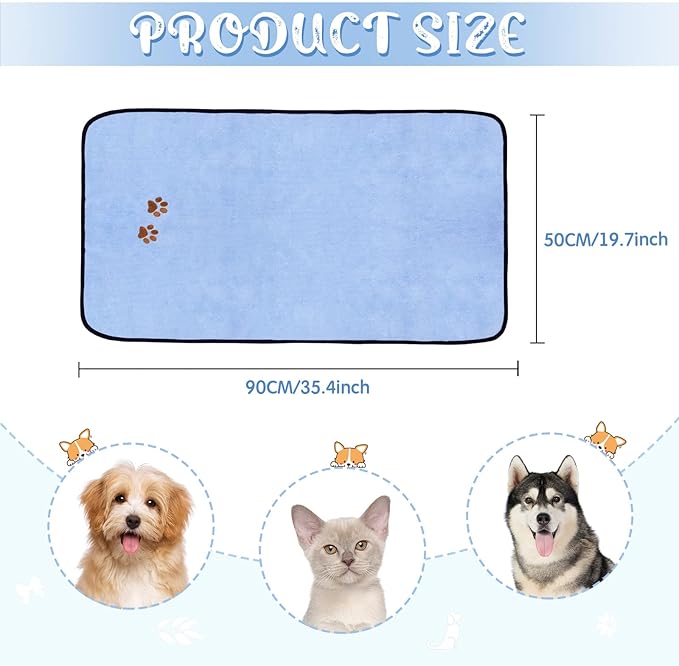 Tegeme 4 Pack Dog Towels for Drying Microfiber Soft Absorbent Pet Bath Towel Dog Drying Grooming Cloth with Embroidered Paw for Pet Cat Bathing Grooming(35 x 20 Inch,Blue)