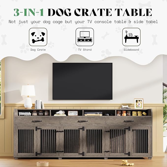 AMERLIFE 95" Large Dog Crate Furniture with Storage, 3-Room Indoor Wooden Dog Kennel for Large/Medium Dogs, TV Stand & Sideboard with Drawers & Removable Divider, Grey
