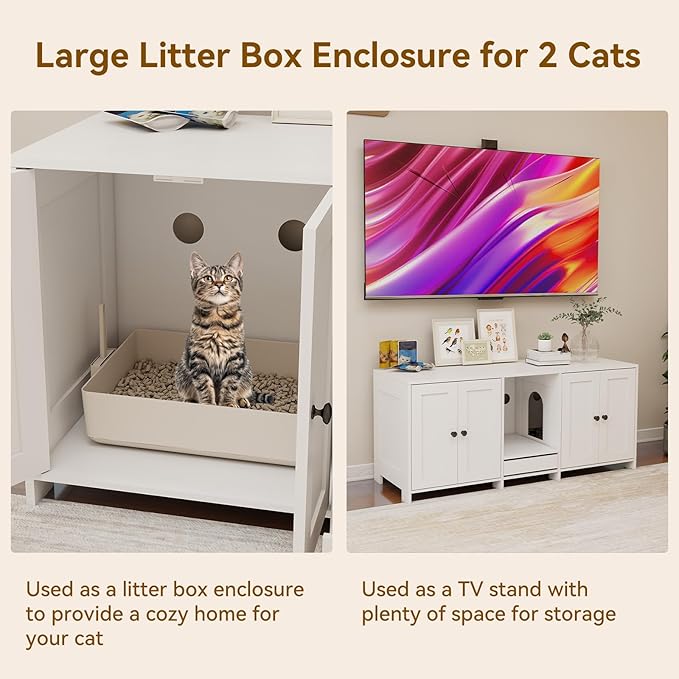 Double Litter Box Enclosure, Hidden Litter Boxes Furniture for 2 Cats, Large Litter Box Cabinet with Cat Feed Station, Cat House, TV Stand, Side Table