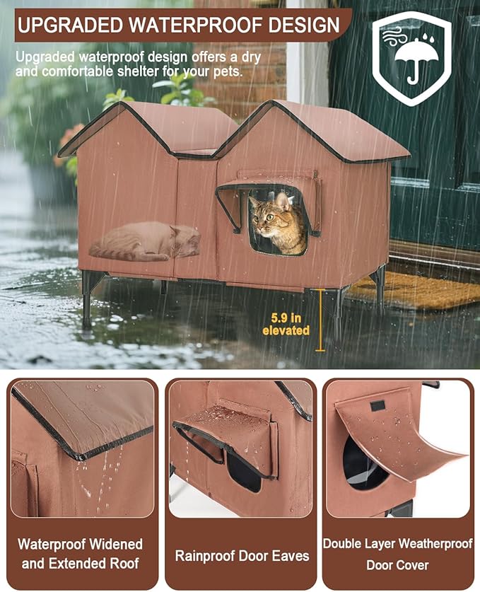 Extra Large Heated Cat House for Outside in Winter, Elevated Heated Outdoor Cat House Weatherproof with Heating pad, Insulated Outdoor Cat Shelter for Multiple Cats Small Dogs (Brown)