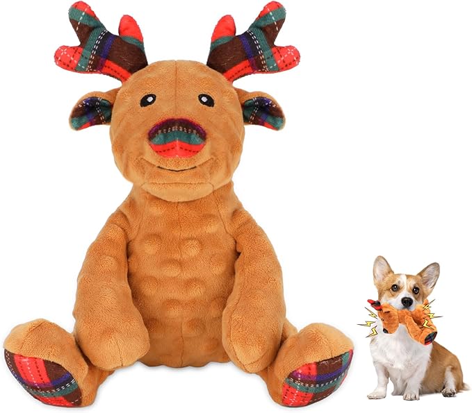 Rypet Christmas Reindeer Dog Toys Durable Plush Dog Toys with Crinkle Paper Interactive Dog Stuffed Squeaky Toys for Puppy Medium Small Dogs Cleaning Teeth and Relieving Anxiety