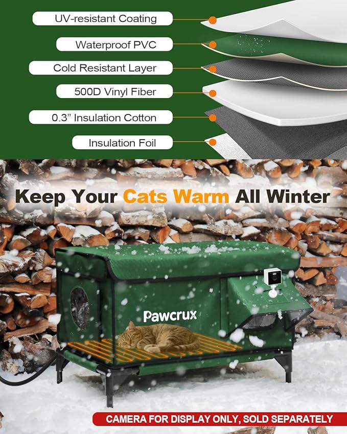 Weatherproof Heated Cat House for Outdoor in Winter, Heated Cat Bed Kitty Shelter with Cat Heating Pad, Insulated & Safe Escape Door, Warm House for Outside Stray Cat(Green, 17.7"x25.5"x17.9")