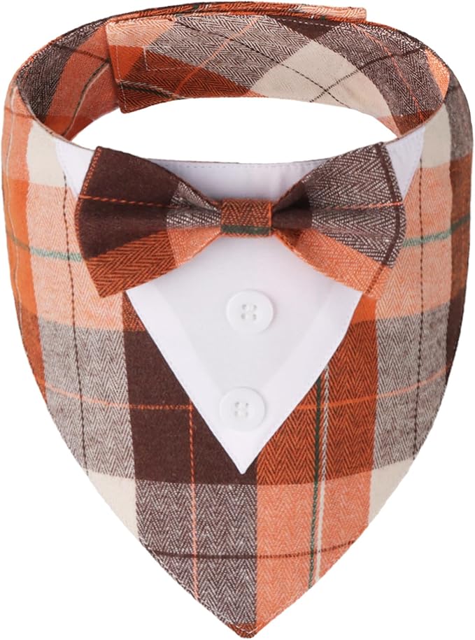 ADOGGYGO Fall Dog Tuxedo Bandana, Orange Plaid Pet Fall Collar with Bowtie, Adjustable Halloween Thanksgiving Costume for Extra Large Dogs (XL)