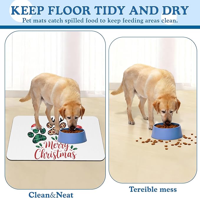 Dog Christmas Dog Food Mat–Absorbent Quick Dry Feeding Placemat for Food and Water Bowls, Non Slip Rubber Backing, Waterproof Pet Supplies for Mess-Free Eating 12"x20"