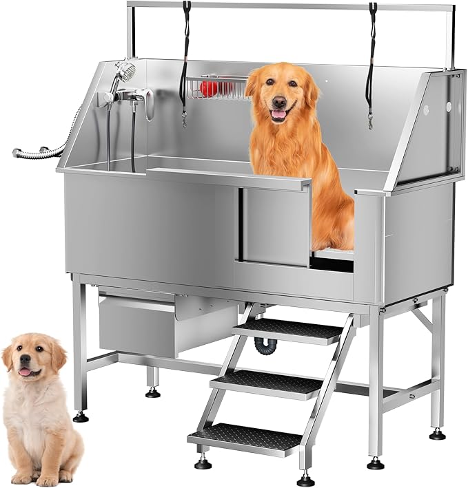 Dog Washing Station 46" Dog Grooming Tub with Right Stair& Faucet, Stainless Steel Dog Bathing Station for Home,Dog Bathtub for Large,Medium,Small Pets